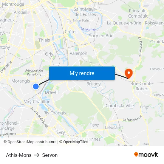Athis-Mons to Servon map