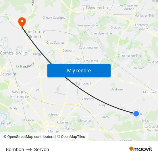 Bombon to Servon map