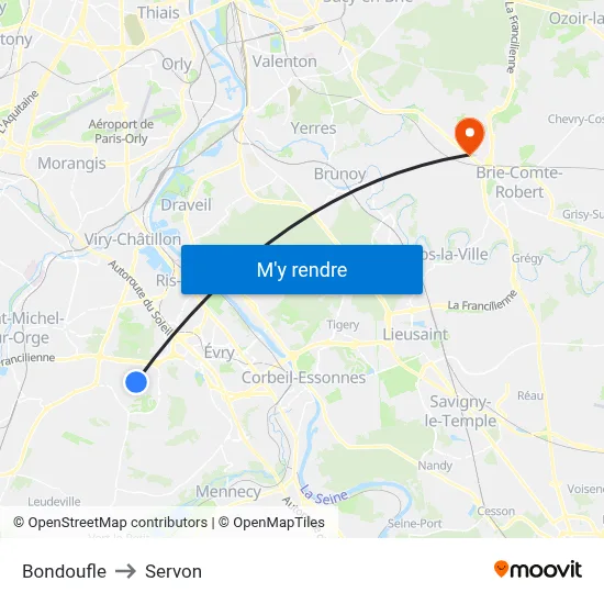 Bondoufle to Servon map