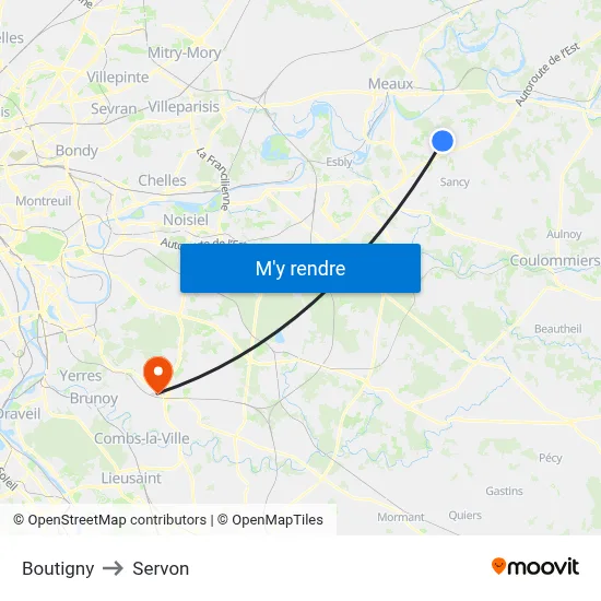 Boutigny to Servon map