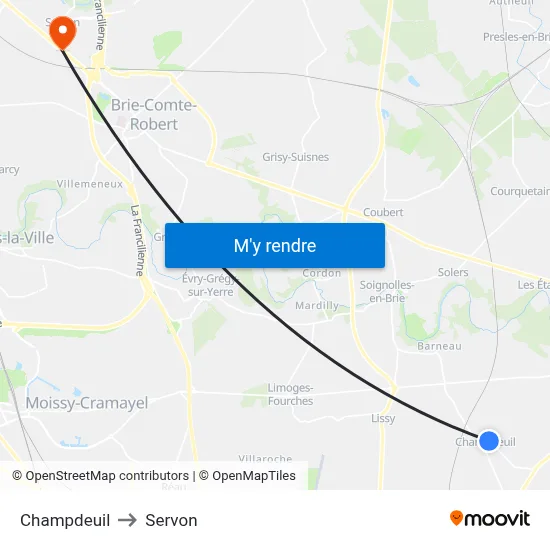 Champdeuil to Servon map