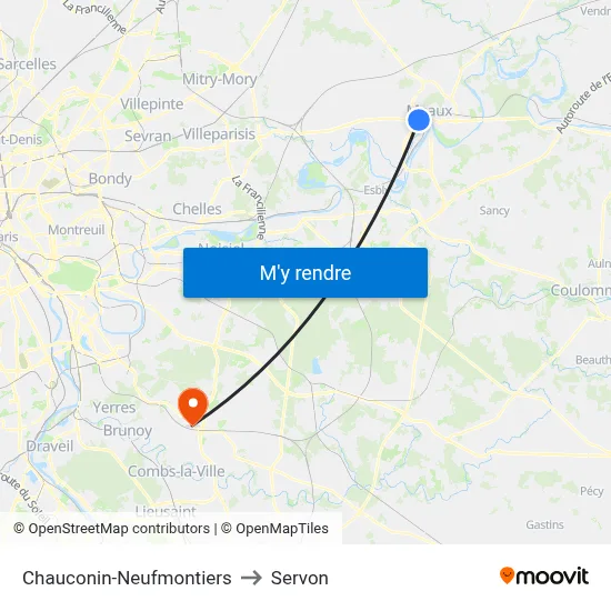 Chauconin-Neufmontiers to Servon map