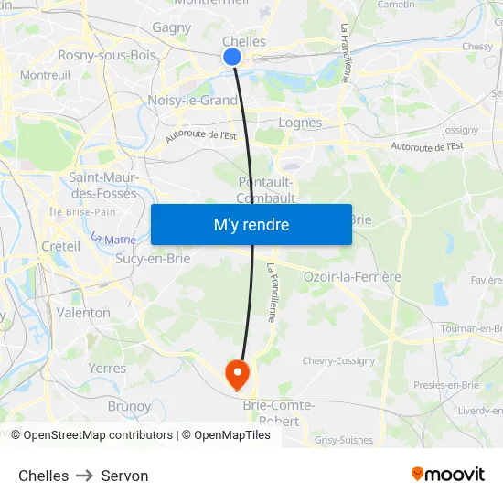Chelles to Servon map