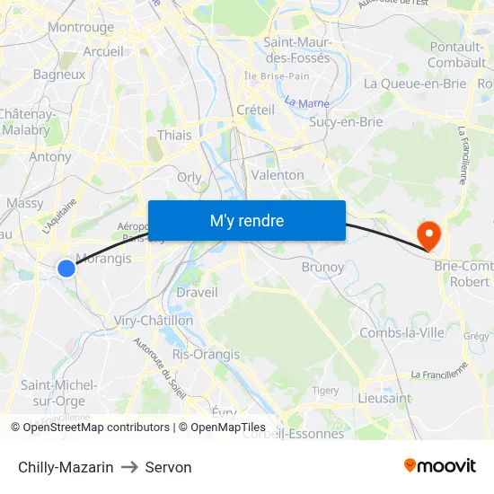 Chilly-Mazarin to Servon map