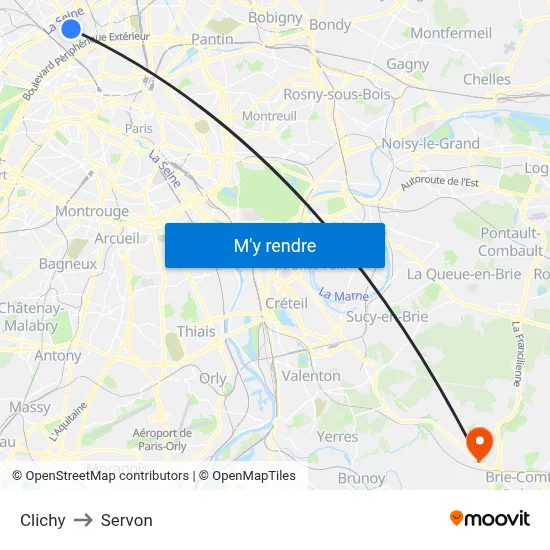 Clichy to Servon map