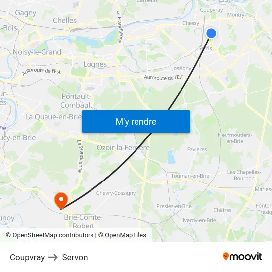 Coupvray to Servon map