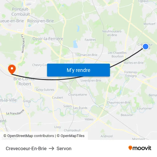 Crevecoeur-En-Brie to Servon map