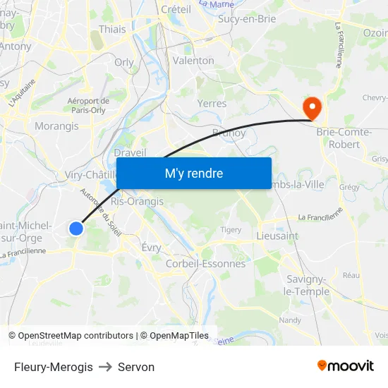 Fleury-Merogis to Servon map