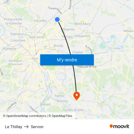 Le Thillay to Servon map