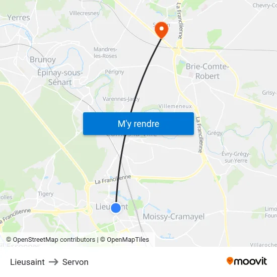 Lieusaint to Servon map