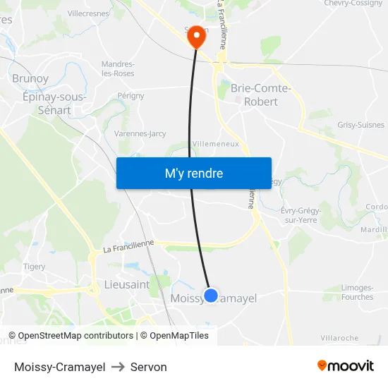 Moissy-Cramayel to Servon map