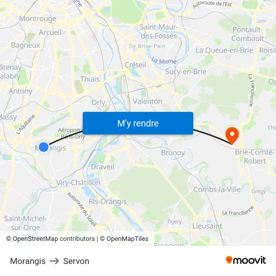 Morangis to Servon map
