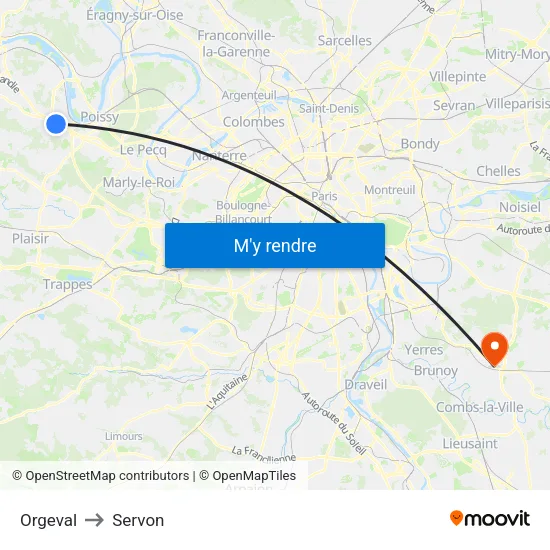 Orgeval to Servon map