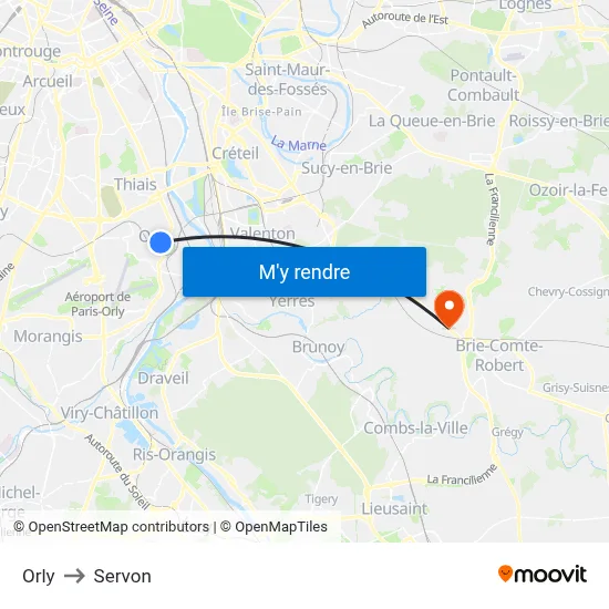 Orly to Servon map