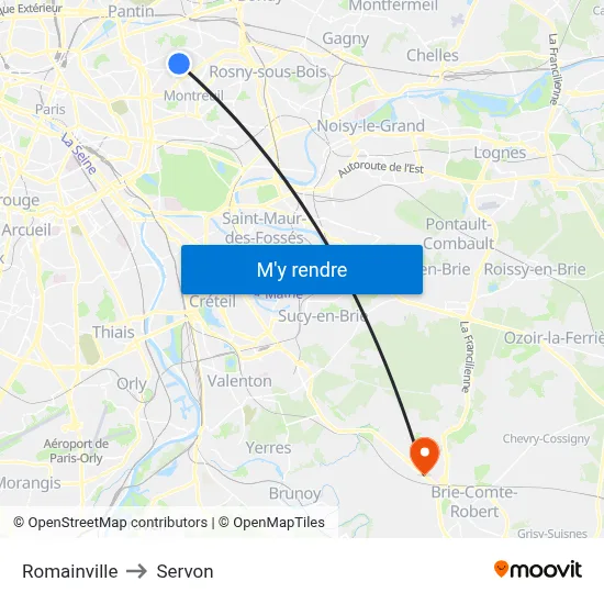 Romainville to Servon map