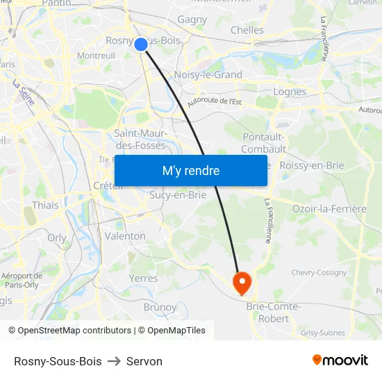 Rosny-Sous-Bois to Servon map