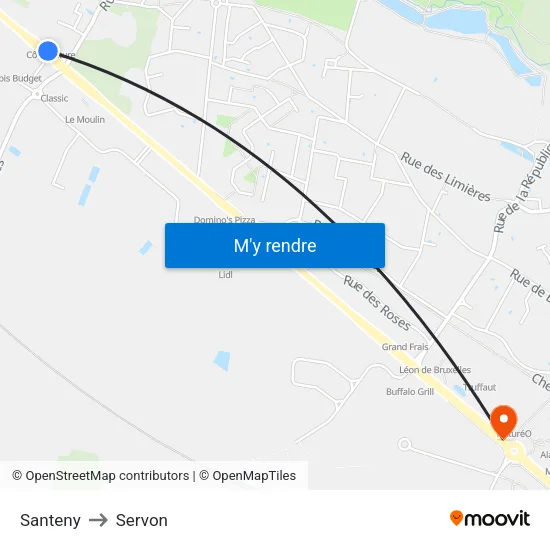 Santeny to Servon map