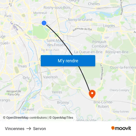 Vincennes to Servon map