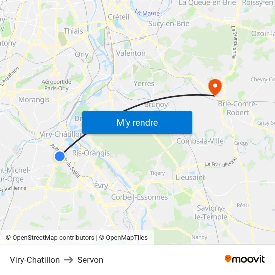 Viry-Chatillon to Servon map