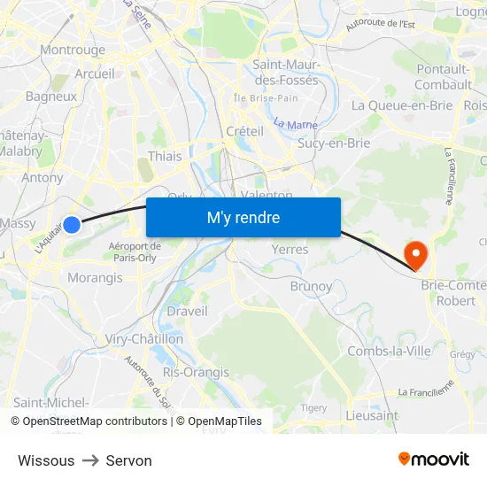 Wissous to Servon map
