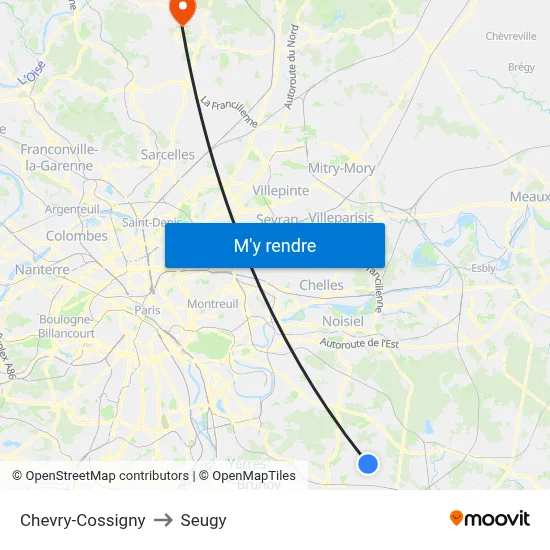 Chevry-Cossigny to Seugy map