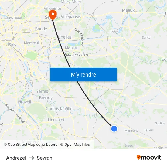 Andrezel to Sevran map