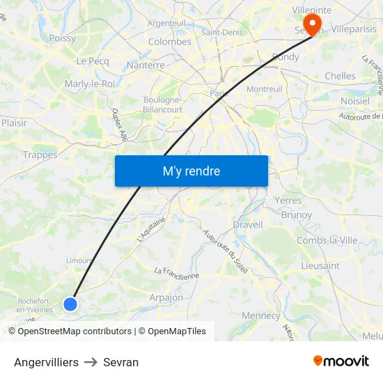 Angervilliers to Sevran map