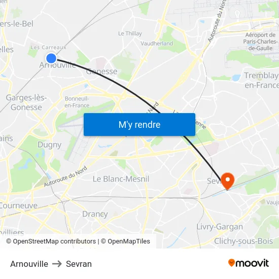 Arnouville to Sevran map