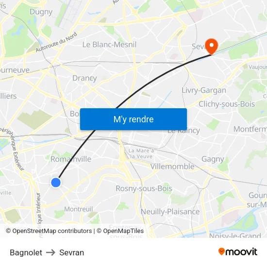Bagnolet to Sevran map