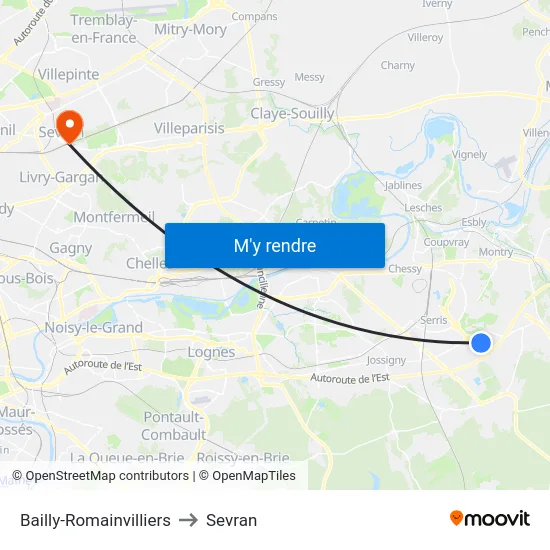 Bailly-Romainvilliers to Sevran map