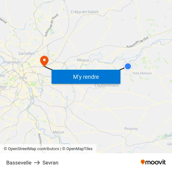 Bassevelle to Sevran map