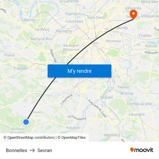 Bonnelles to Sevran map