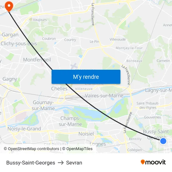 Bussy-Saint-Georges to Sevran map