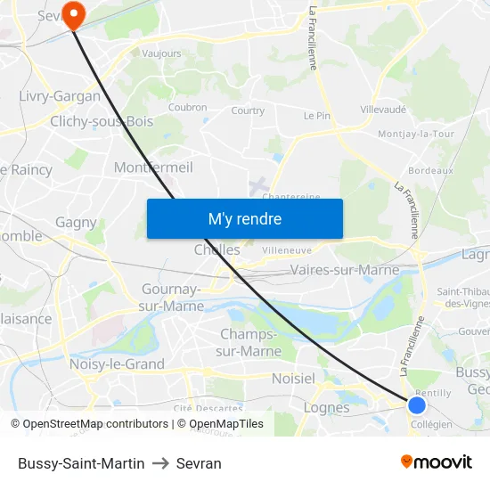 Bussy-Saint-Martin to Sevran map