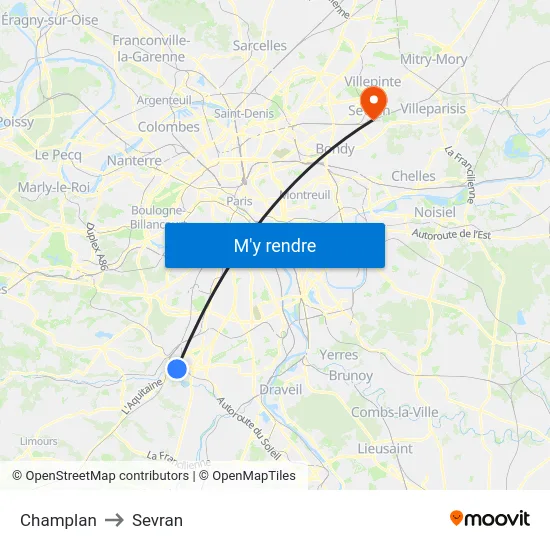 Champlan to Sevran map