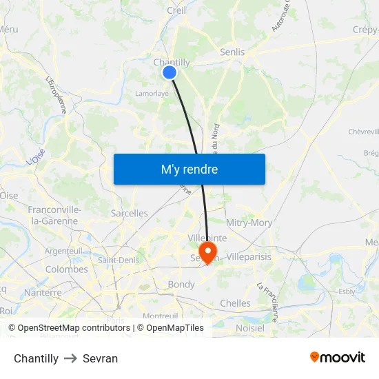 Chantilly to Sevran map