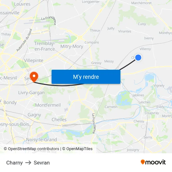 Charny to Sevran map