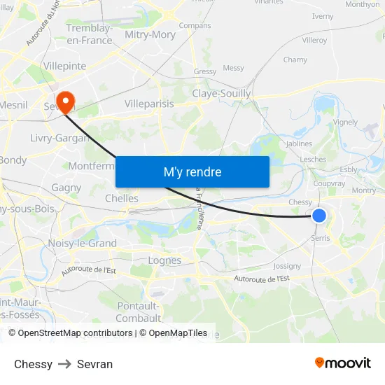 Chessy to Sevran map