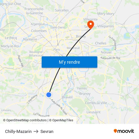 Chilly-Mazarin to Sevran map