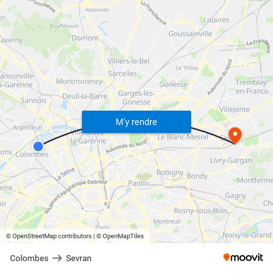 Colombes to Sevran map