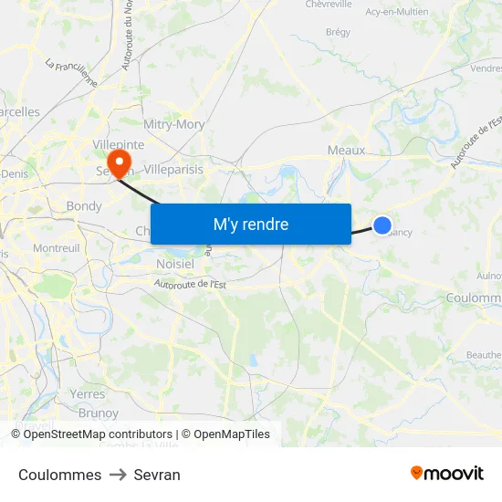 Coulommes to Sevran map