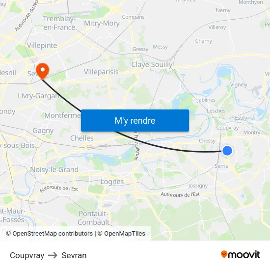 Coupvray to Sevran map
