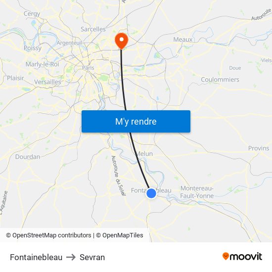 Fontainebleau to Sevran map