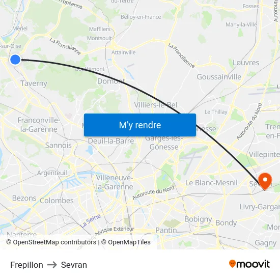 Frepillon to Sevran map