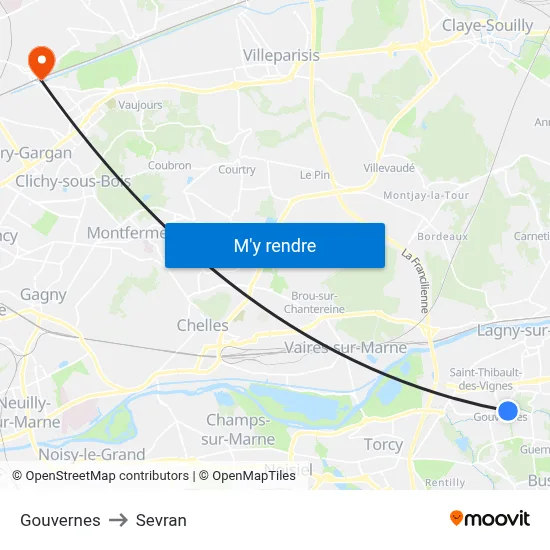 Gouvernes to Sevran map