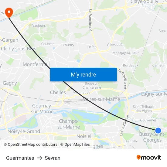 Guermantes to Sevran map