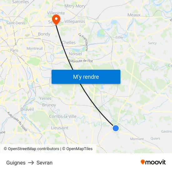 Guignes to Sevran map