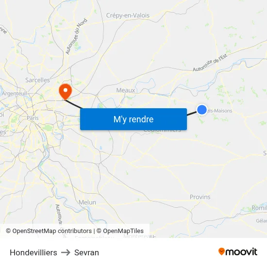 Hondevilliers to Sevran map