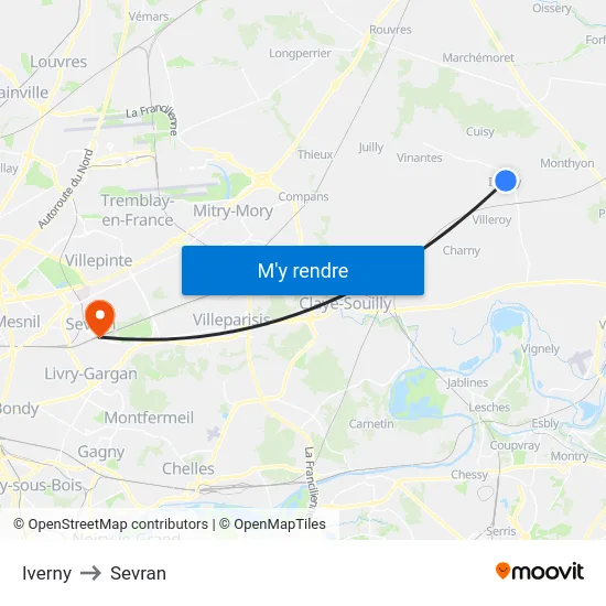 Iverny to Sevran map