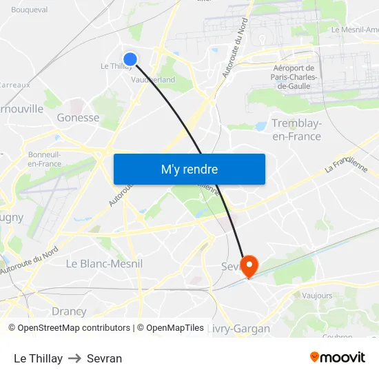 Le Thillay to Sevran map